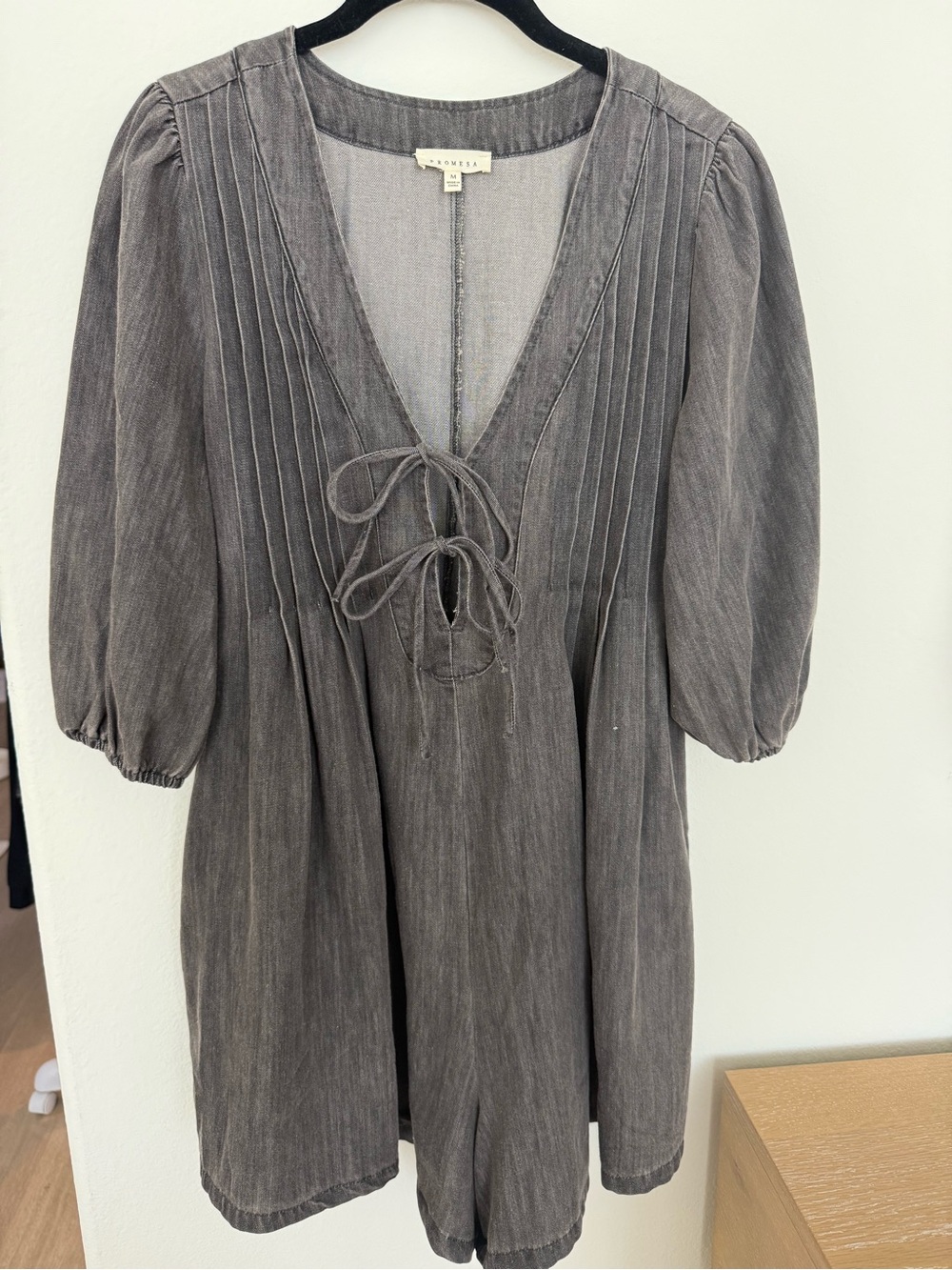 Promesa Gray Tie-Front Pintuck Romper